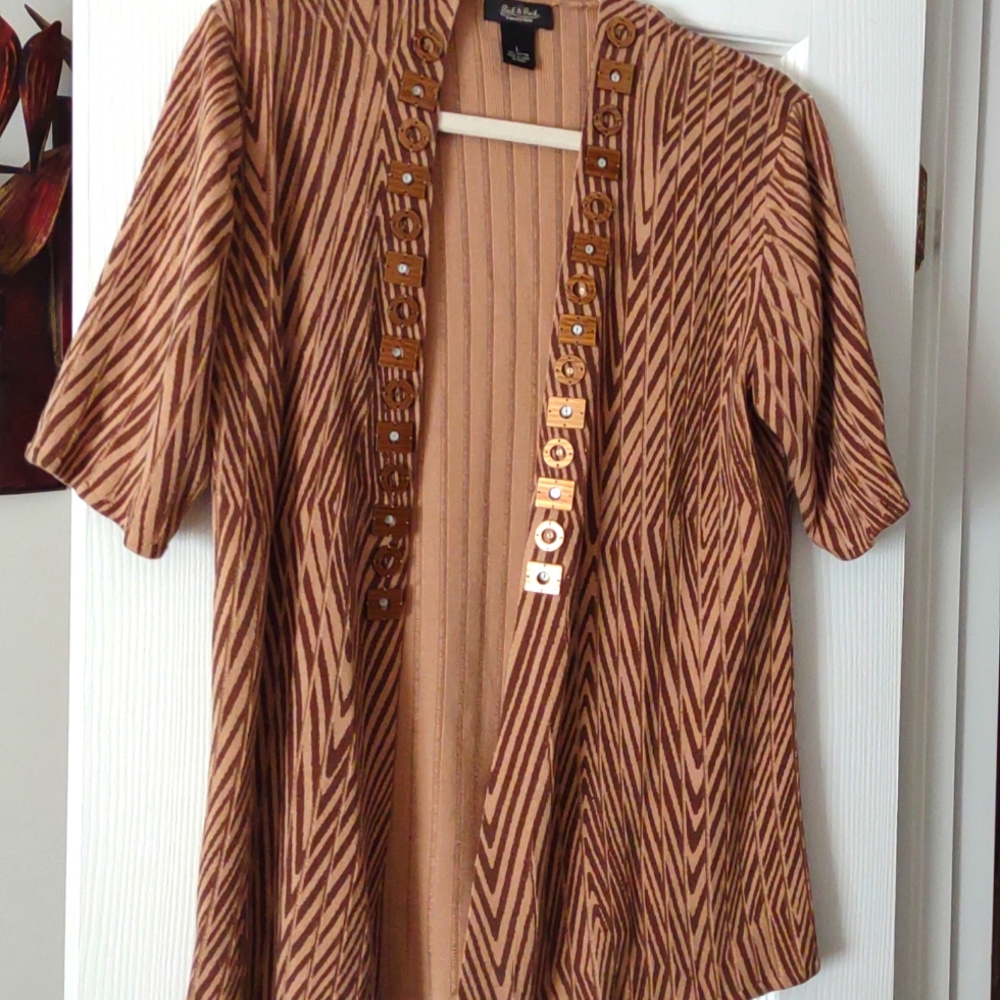 100% Cotton~Animal Print Short Sleeve Cardigan~Wood Embellishments